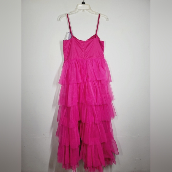 Lulus Rule the Runway Hot Pink Tulle Bustier Tiered Maxi Dress, Size Large - Picture 5 of 5